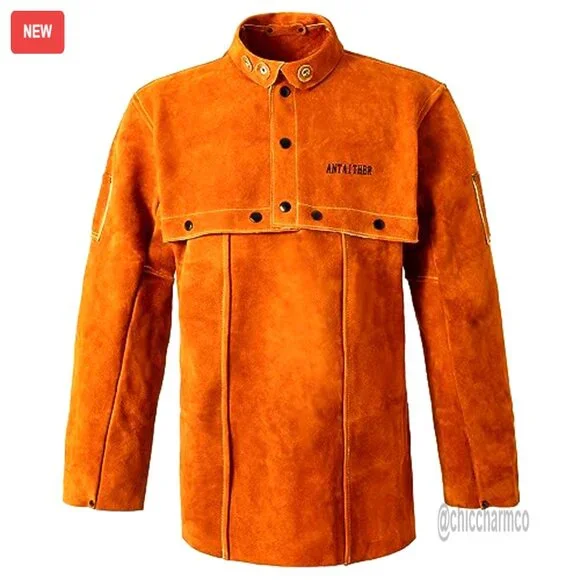 Leather Welding Jacket with Bib Apron, Heat Flame Resistant Work Coat